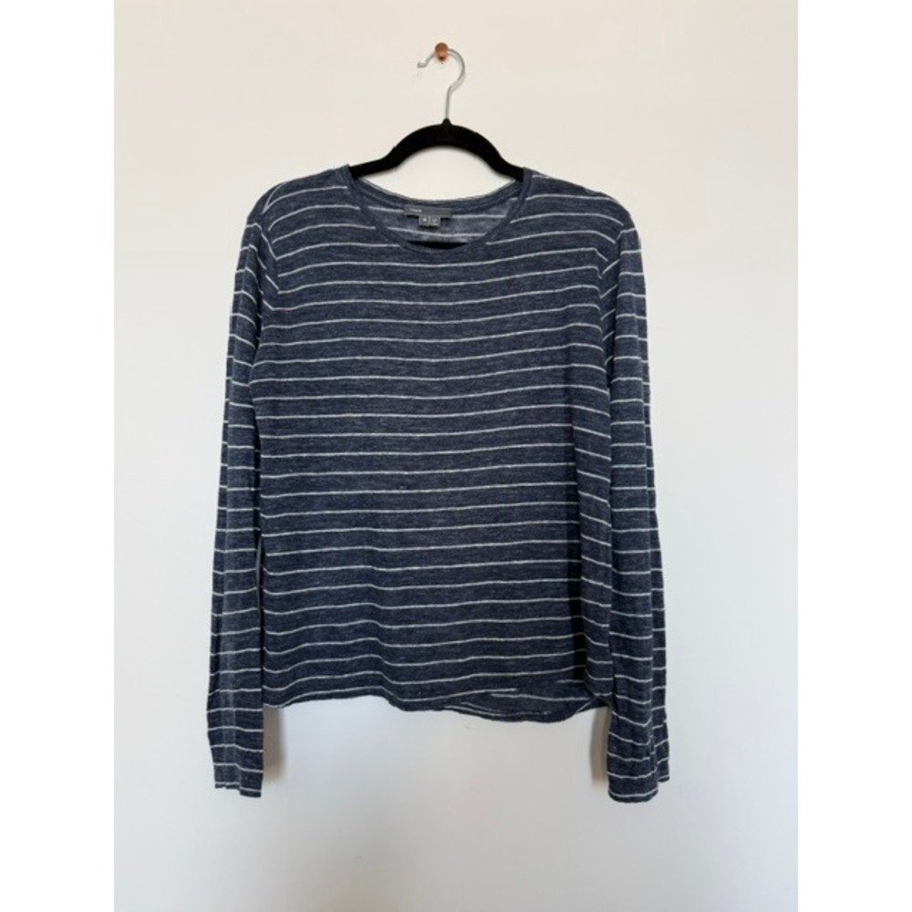 Vince Women's Navy & White Striped Linen Knit Long Sleeve Tee | Size Medium